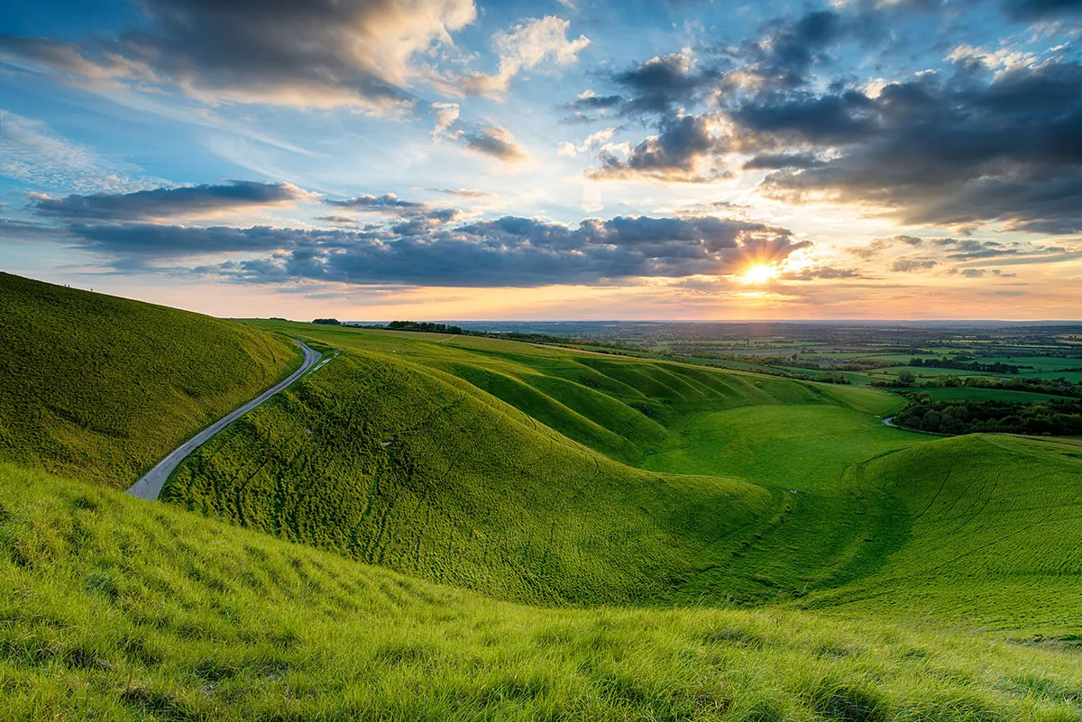 Green rolling downland with a winding lane, under a sunset sky